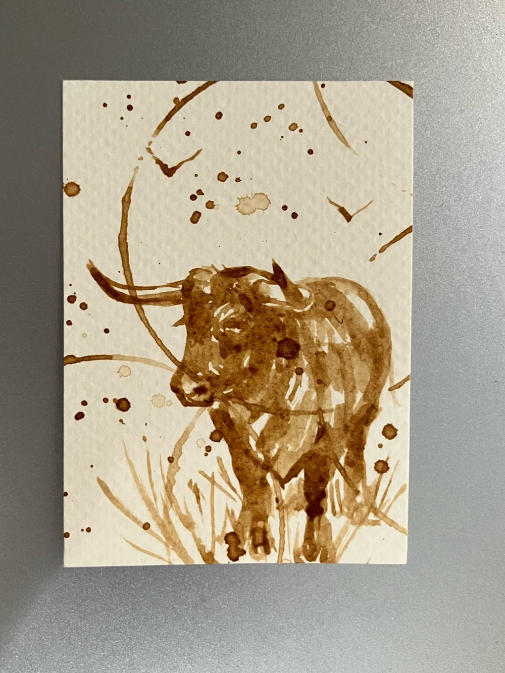 ORIGINAL coffee bull painting cow art western miniature realism ACEO artwork USA